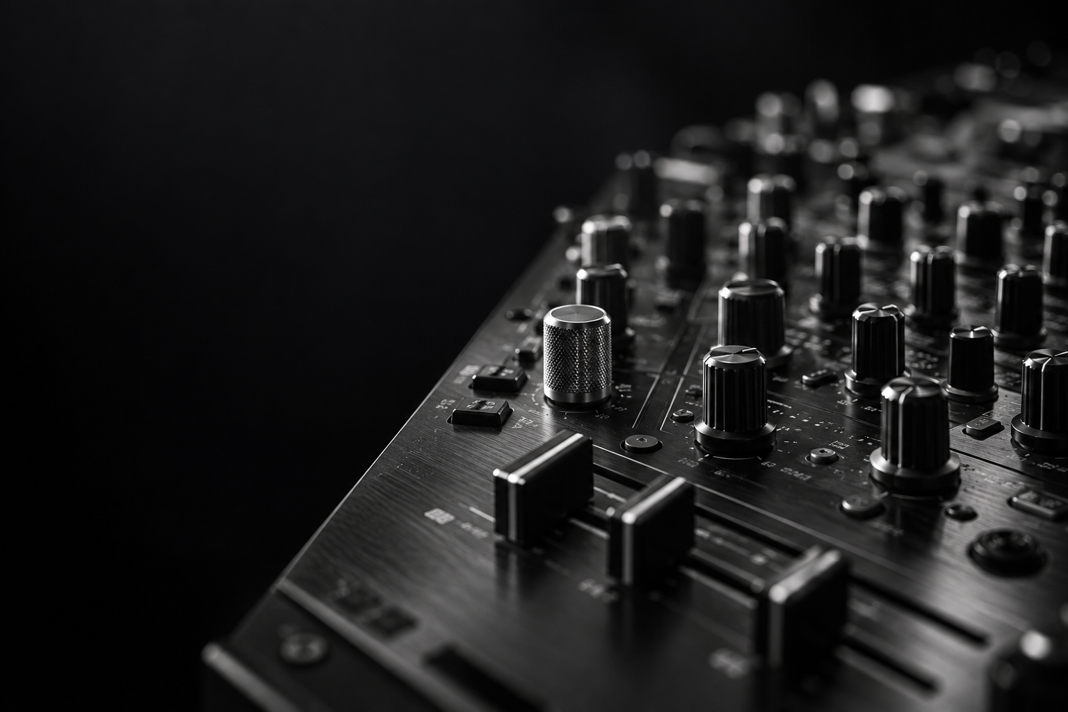 A close-up of audio mixer controls in monochrome, with soft light catching the edges of the knobs.